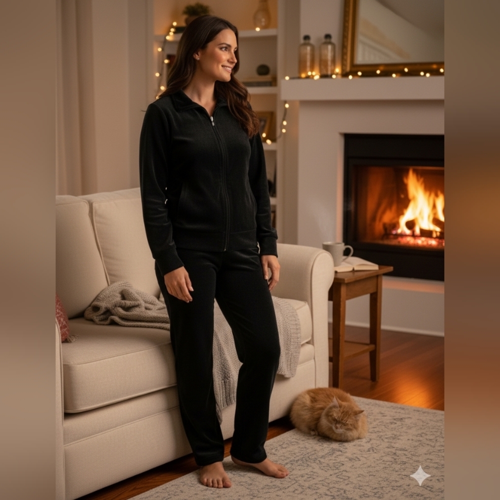 Mountain Lake Women's‎ Black Velour Lounge Pantsuit Small New